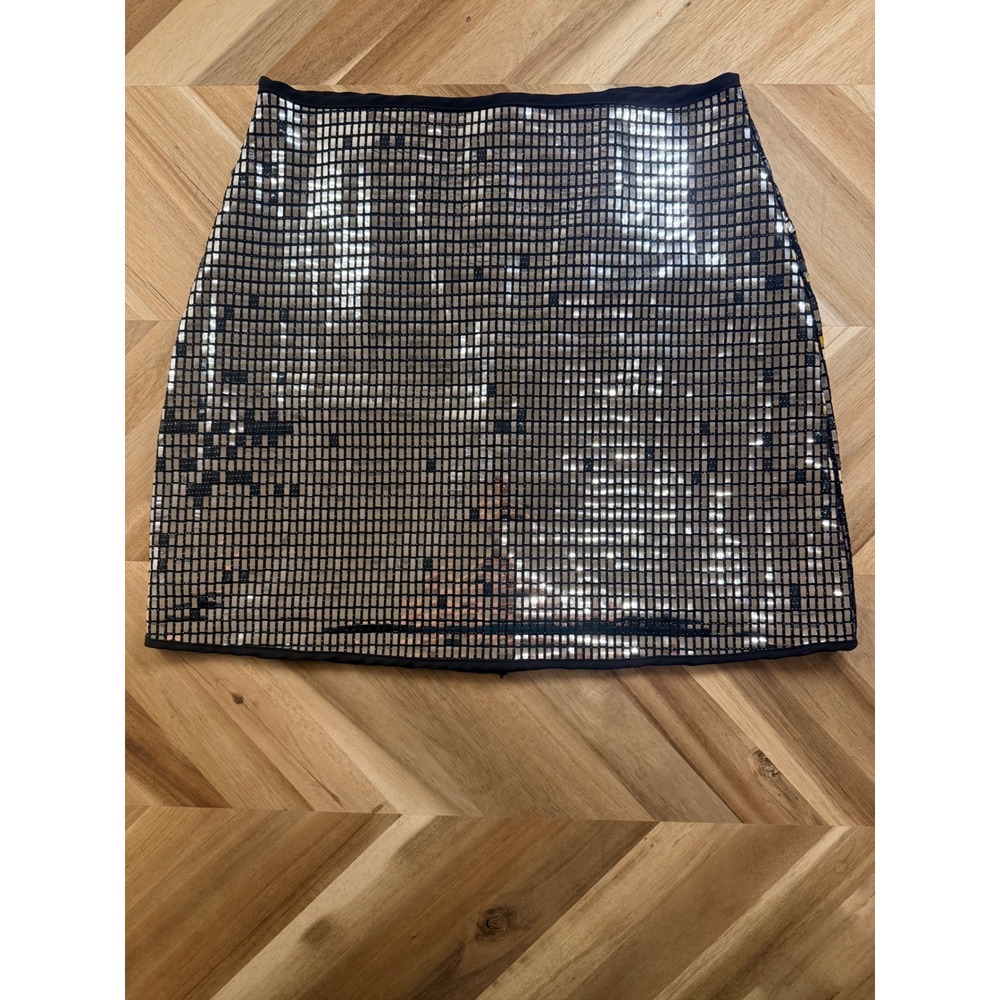 LE LIS Women Metallic Sequin Mini Skirt XS Silver Black Party Club Y2K 90s‎